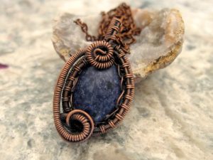 Small Blue Stone Pendant Wrapped in Oxidized Copper Wire Weaving with a Matching Copper Necklace