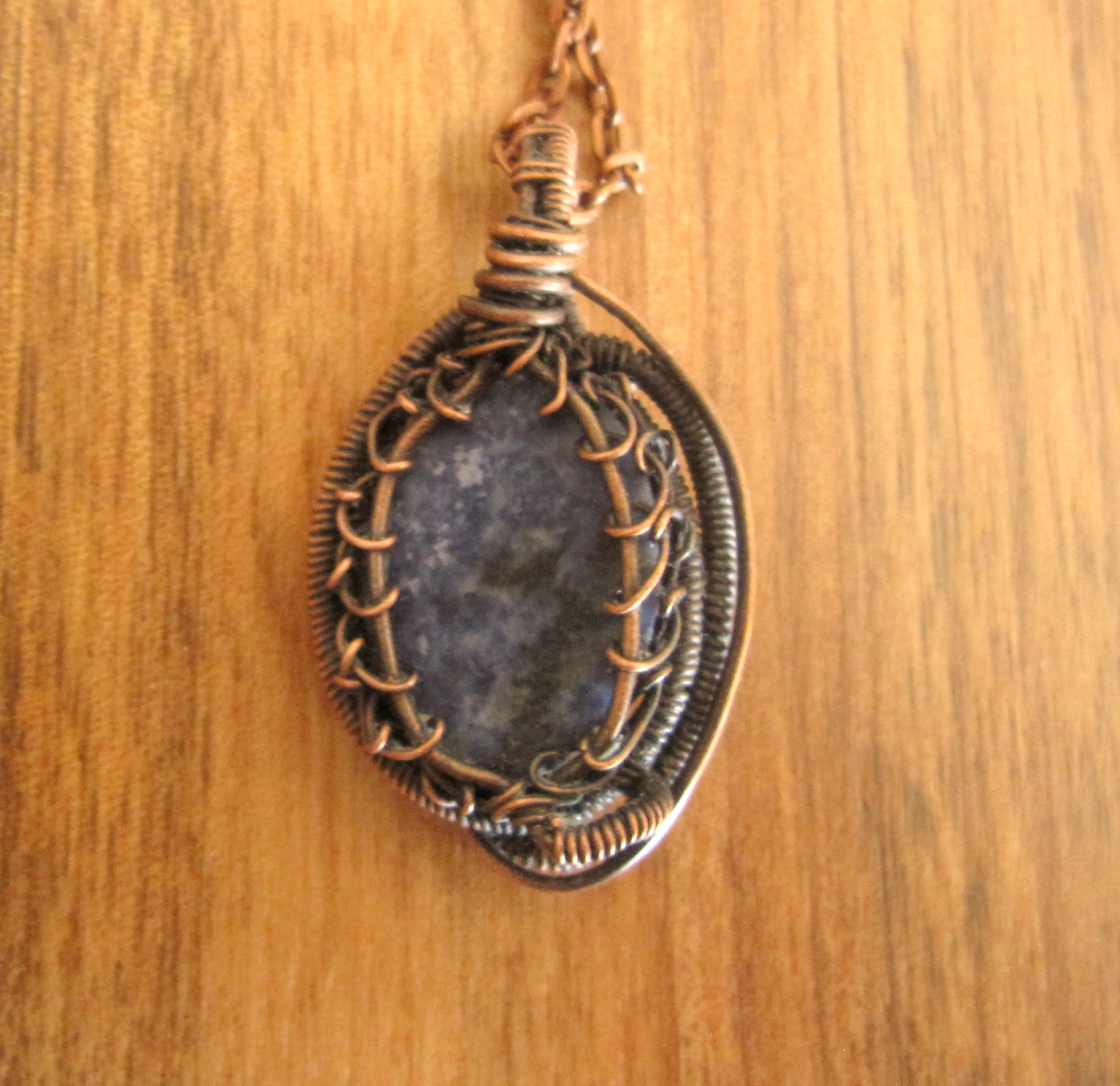 Small Blue Stone Pendant Wrapped in Oxidized Copper Wire Weaving with a Matching Copper Necklace