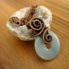Blue Quartz Donut Pendant Wrapped in Oxidized Copper Wire Weaving with a Matching Copper Necklace