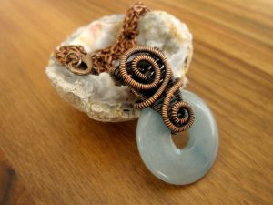 Blue Quartz Donut Pendant Wrapped in Oxidized Copper Wire Weaving with a Matching Copper Necklace