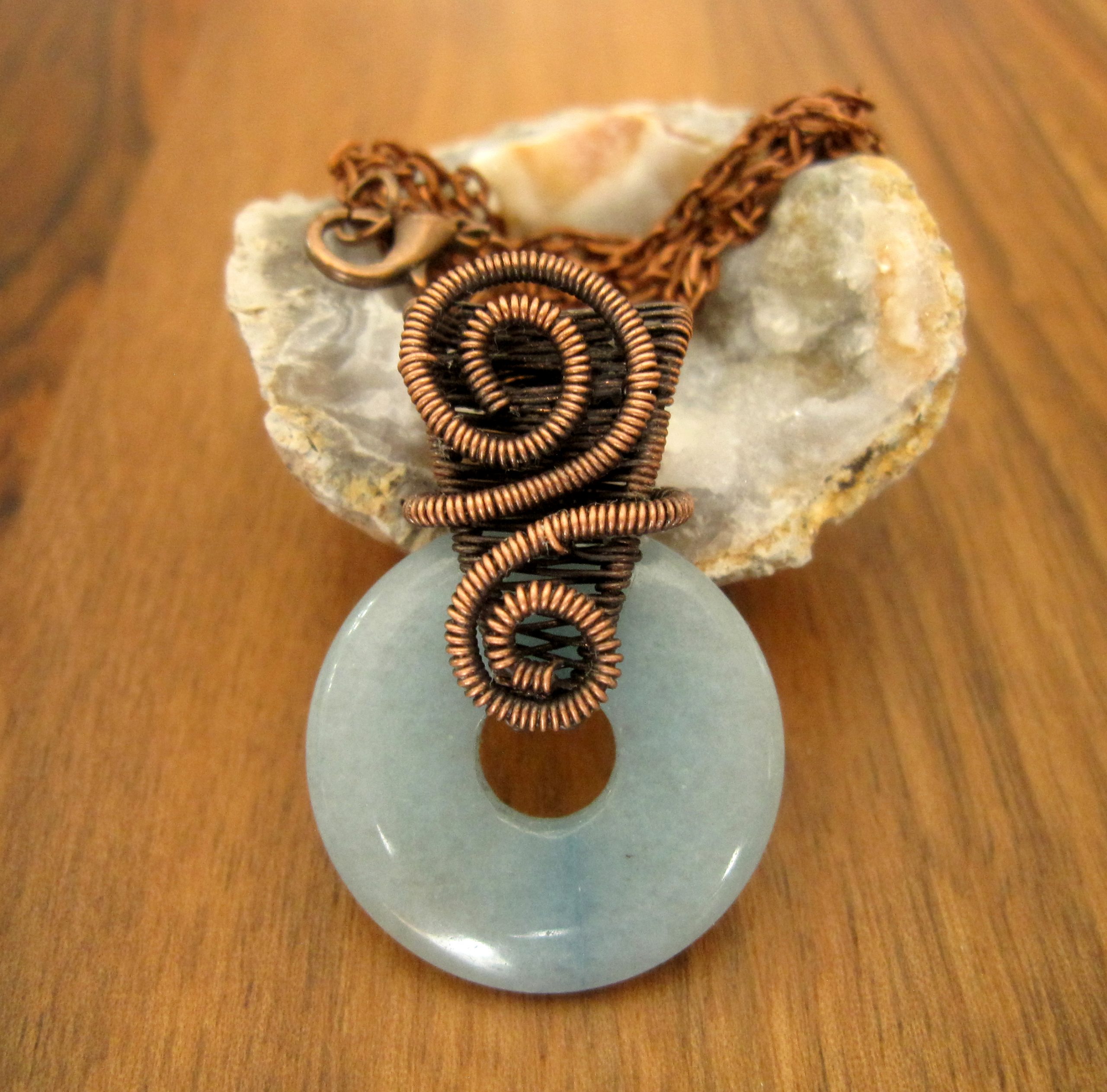 Blue Quartz Donut Pendant Wrapped in Oxidized Copper Wire Weaving with a Matching Copper Necklace