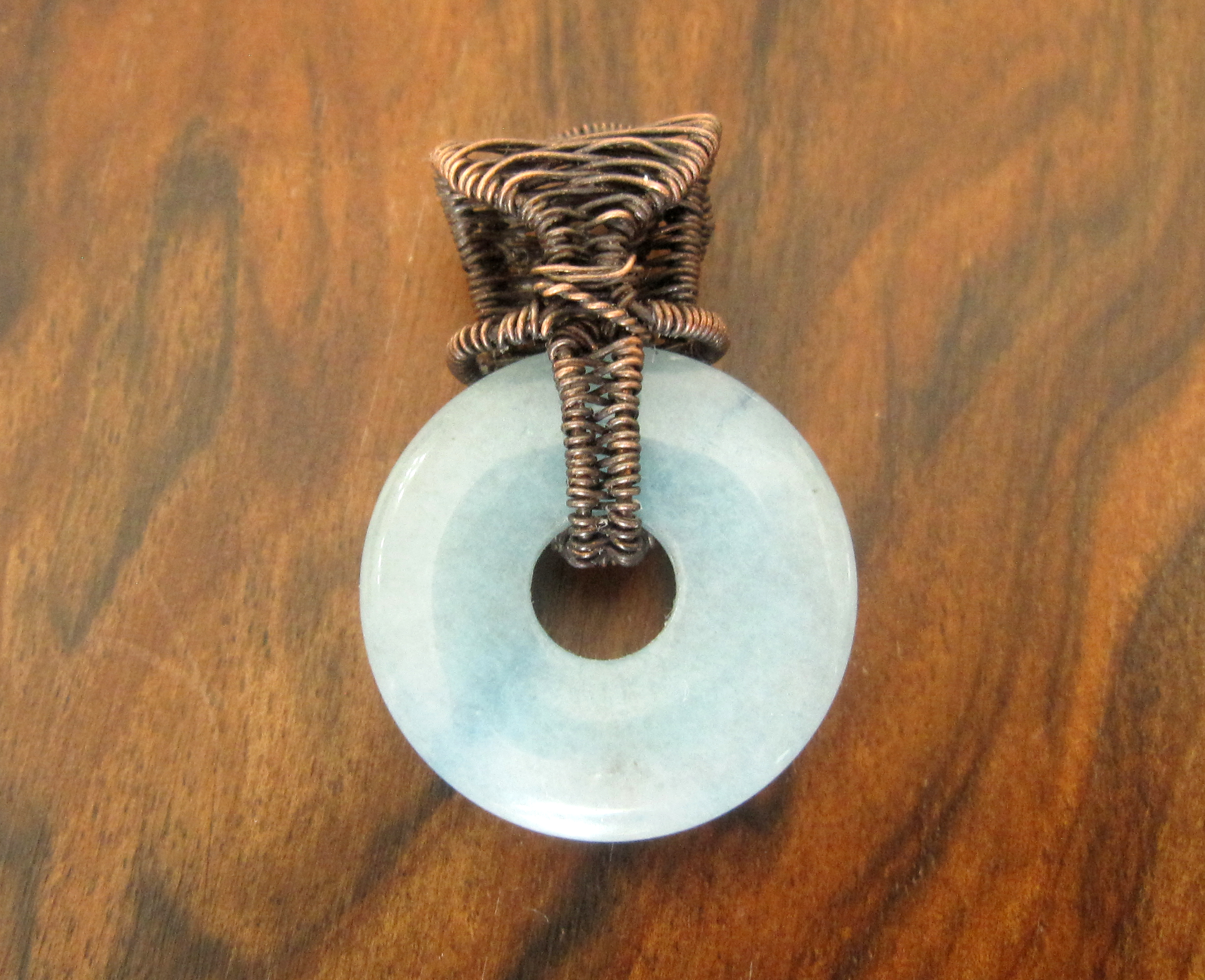Blue Quartz Donut Pendant Wrapped in Oxidized Copper Wire Weaving with a Matching Copper Necklace