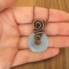 Blue Quartz Donut Pendant Wrapped in Oxidized Copper Wire Weaving with a Matching Copper Necklace