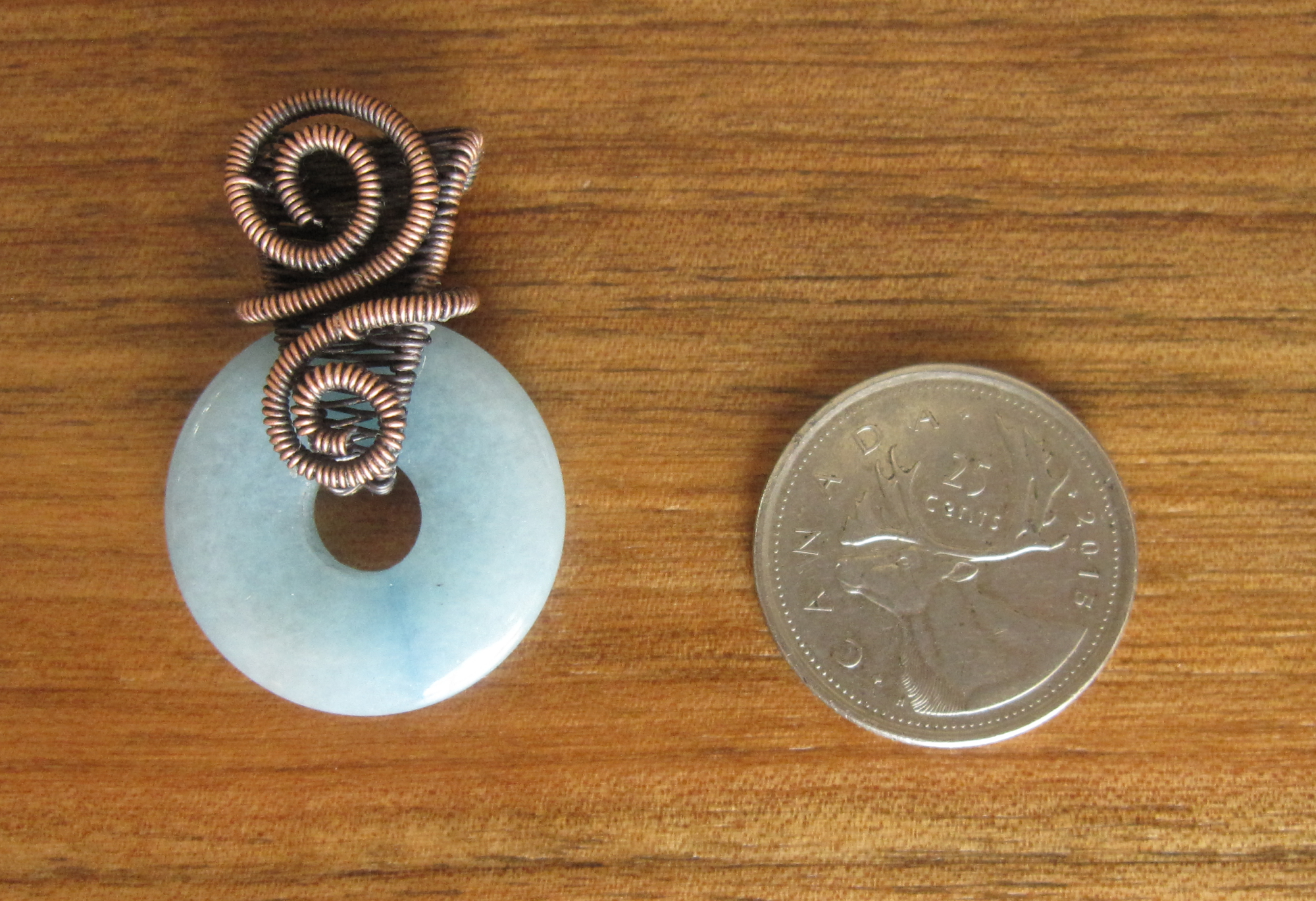 Blue Quartz Donut Pendant Wrapped in Oxidized Copper Wire Weaving with a Matching Copper Necklace