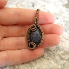 Small Blue Stone Pendant Wrapped in Oxidized Copper Wire Weaving with a Matching Copper Necklace