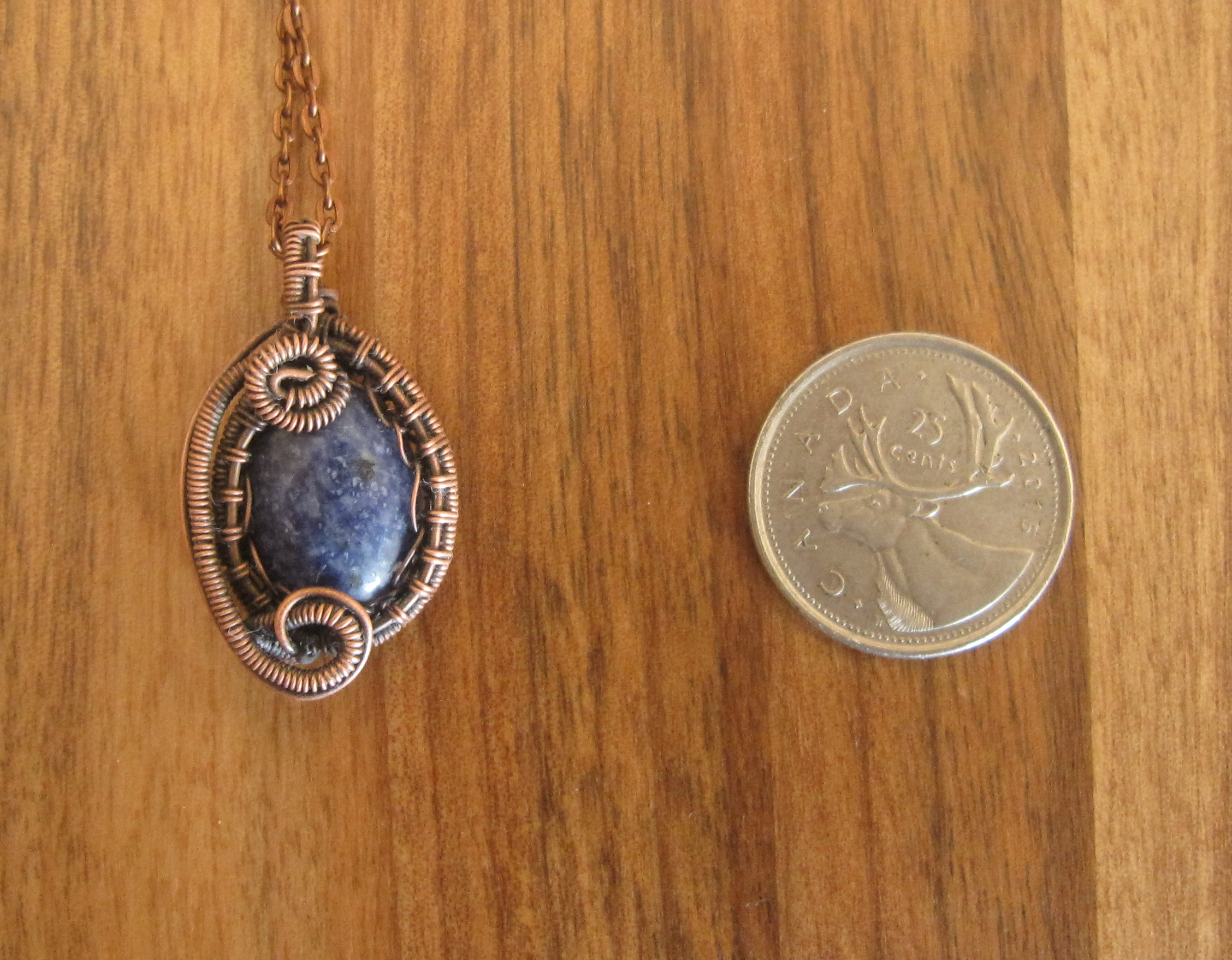 Small Blue Stone Pendant Wrapped in Oxidized Copper Wire Weaving with a Matching Copper Necklace