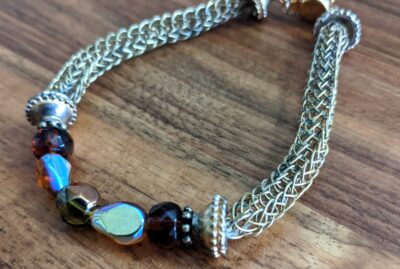 Brass Wire Viking Knit Bracelet with Glass Beads