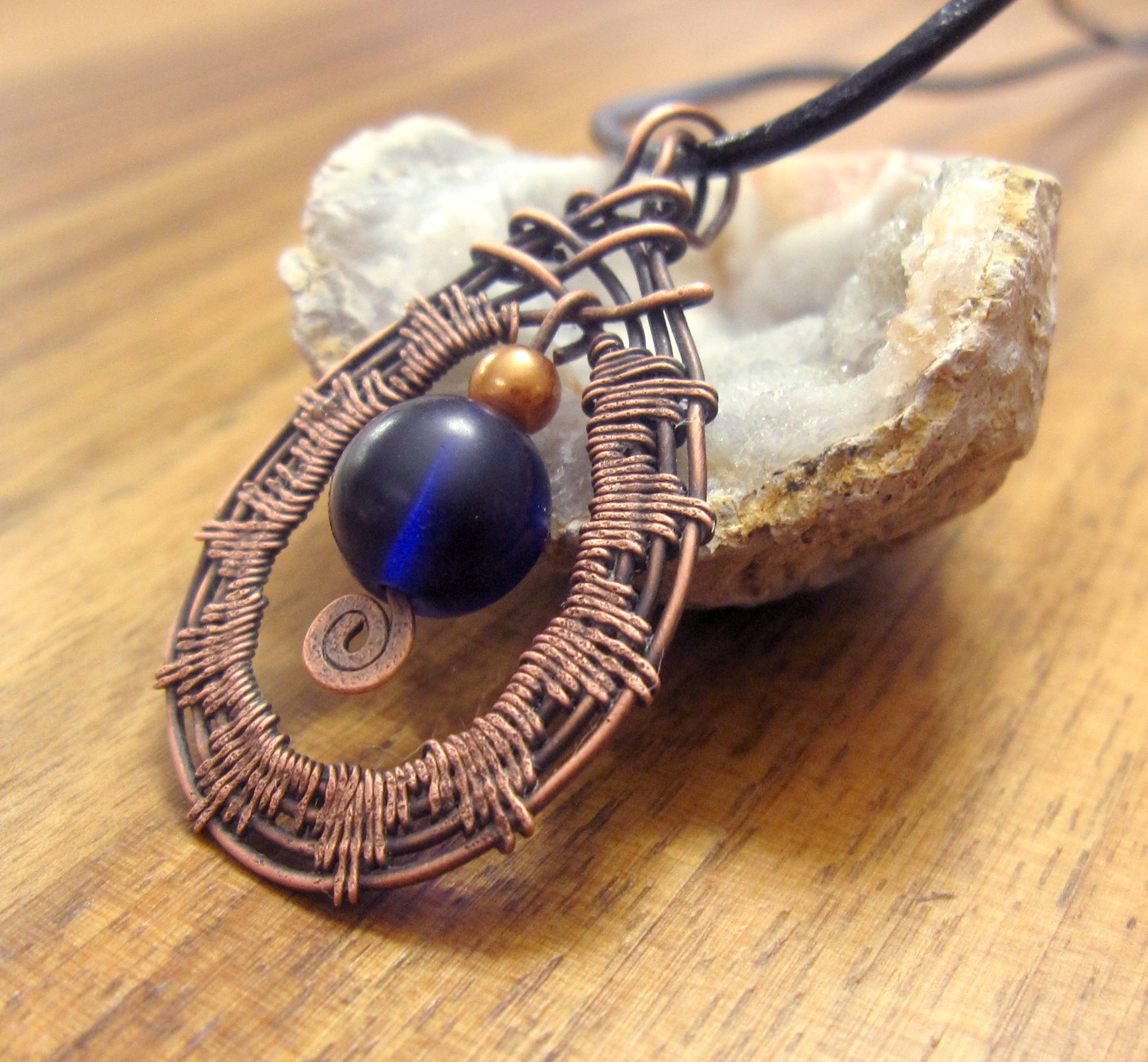Hammered Copper Wire Wrapped Pendant with Cobalt Blue Glass Bead