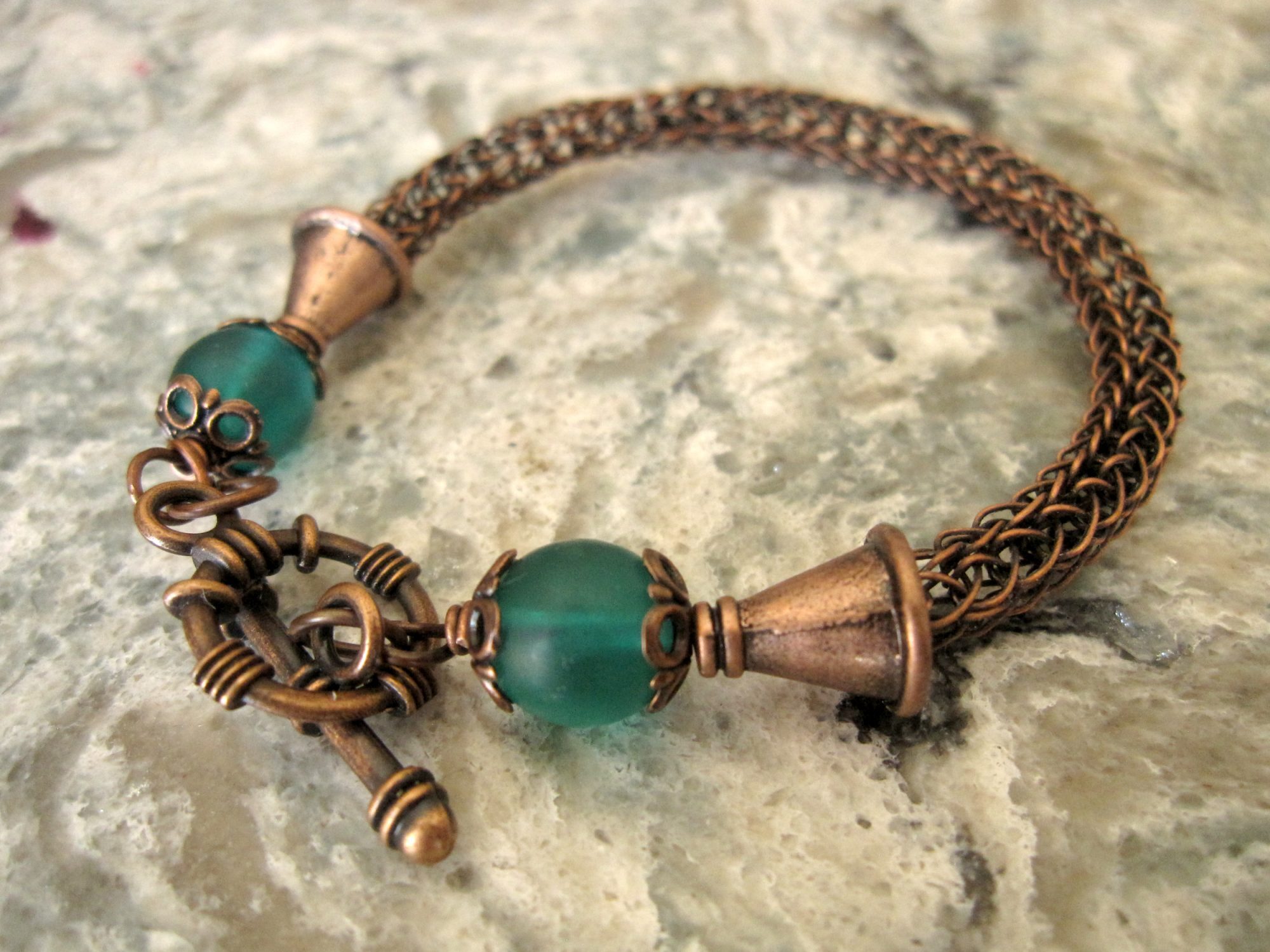 Copper Viking Knit bracelet with teal glass beads