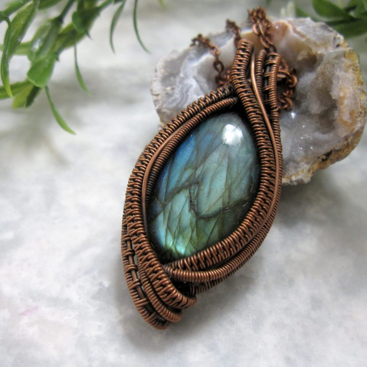 A wire wrapped labradorite pendant